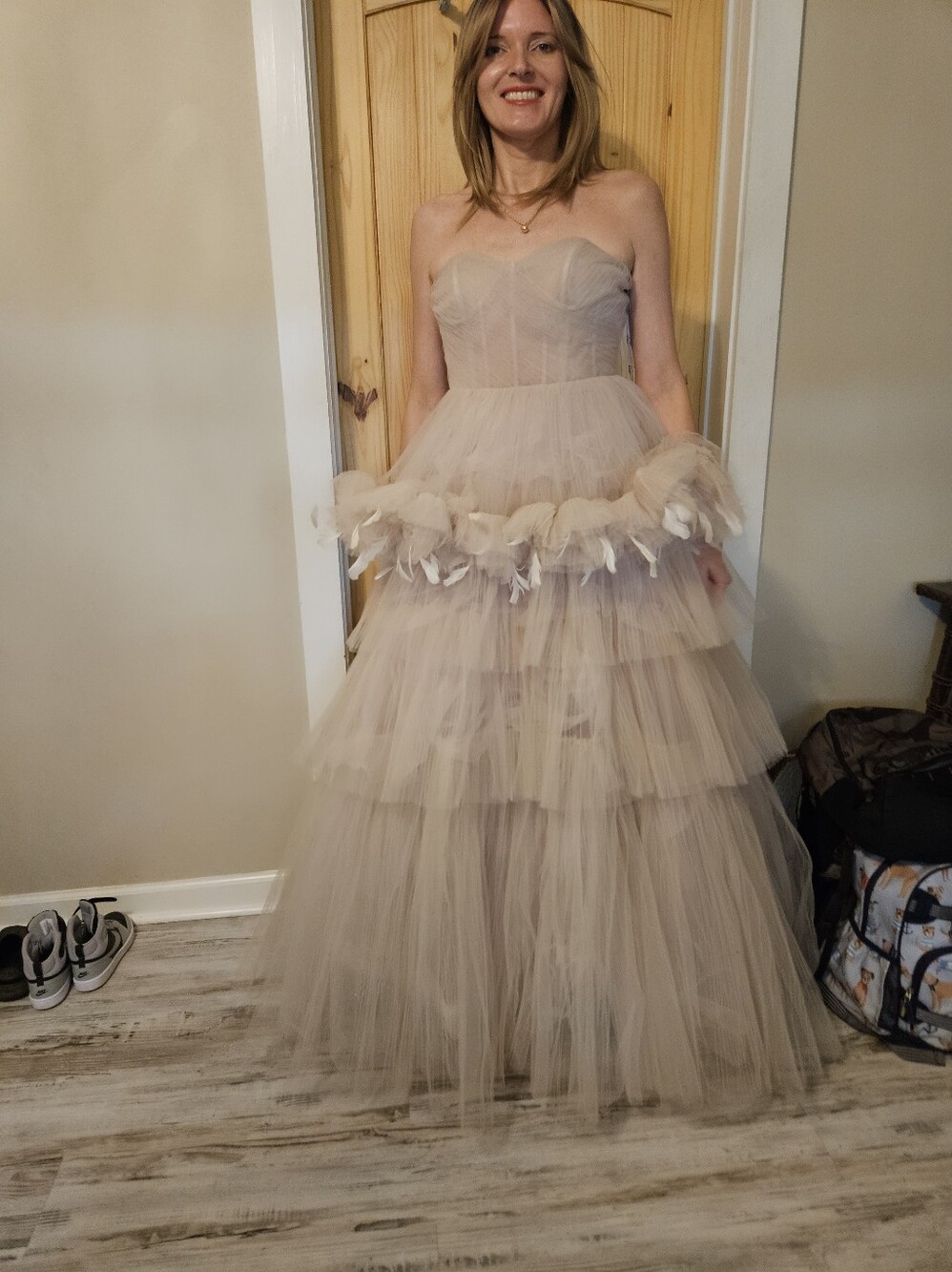 Mac Duggal Strapless Layered Tulle Ball Gown in Nude